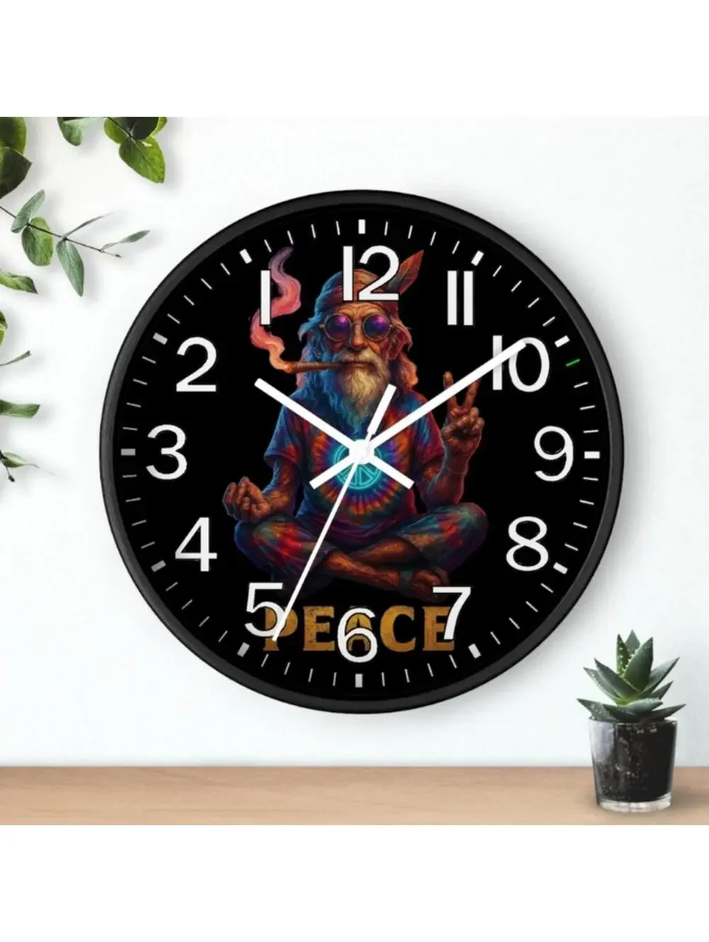 Peace Hippie Flower Power Reverse Ticking Good Leaf Glow In The Dark Wall Clock